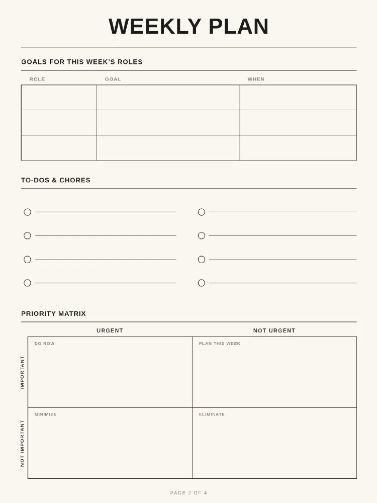Weekly plan & reflection, page 2 — Goals & to-dos