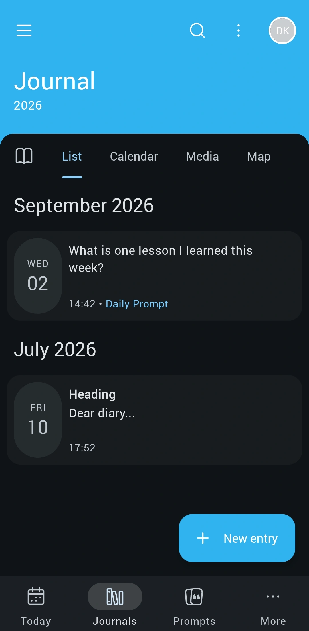 Day One on Android: a journal shown as a list of entries with tabs for list, calendar, media and map, including an entry answering the daily prompt what is one lesson I learned this week.