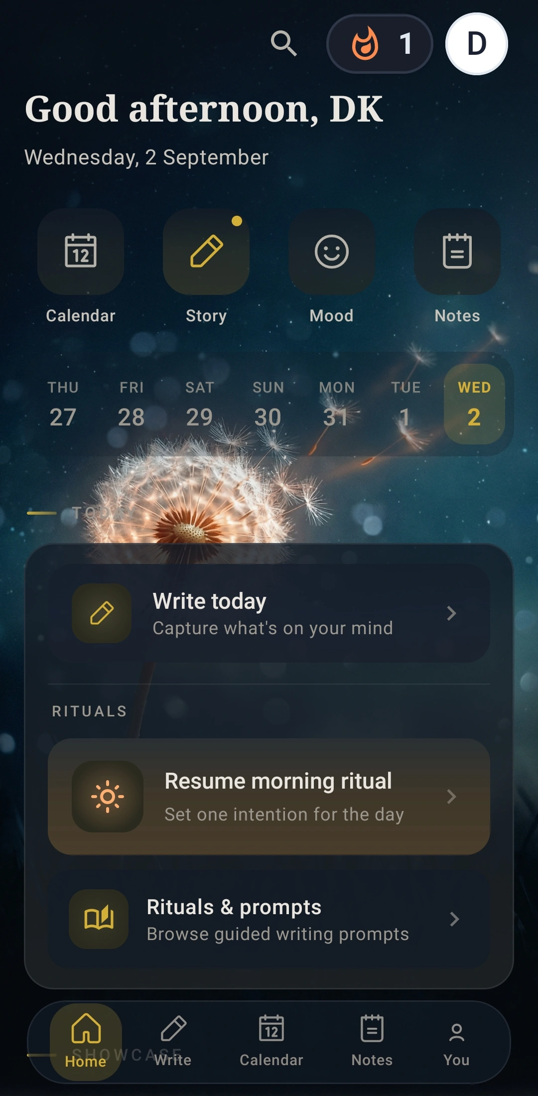Dear Diary on Android: a dark home screen greeting Good afternoon, with tiles for calendar, story, mood and notes, a week strip, and a rituals section offering guided writing prompts.