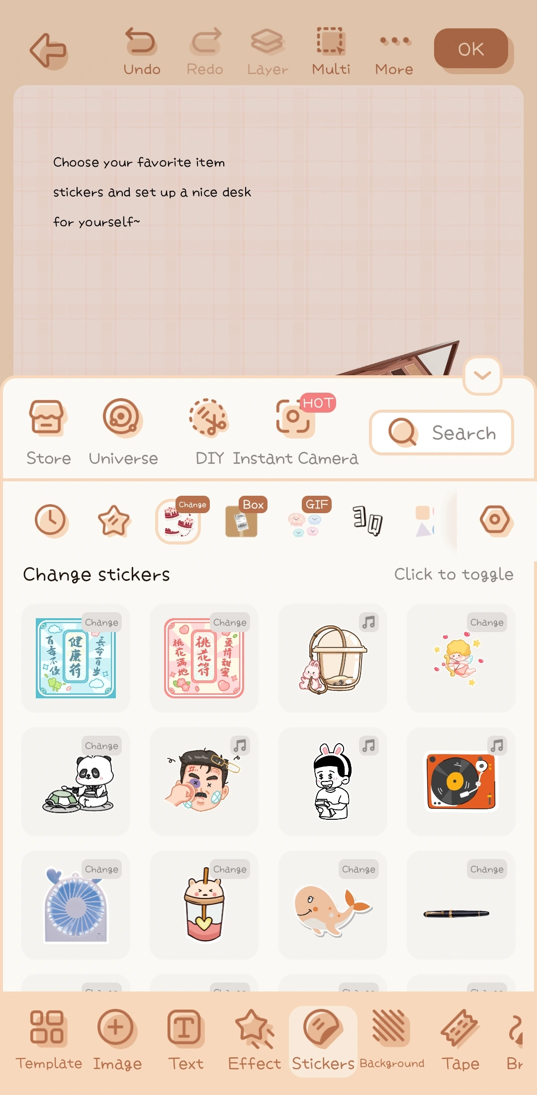 Mininote on Android: a journal page above a drawer of several hundred stickers, many tagged Charge, with tabs for template, image, text, effect, stickers, background and tape.