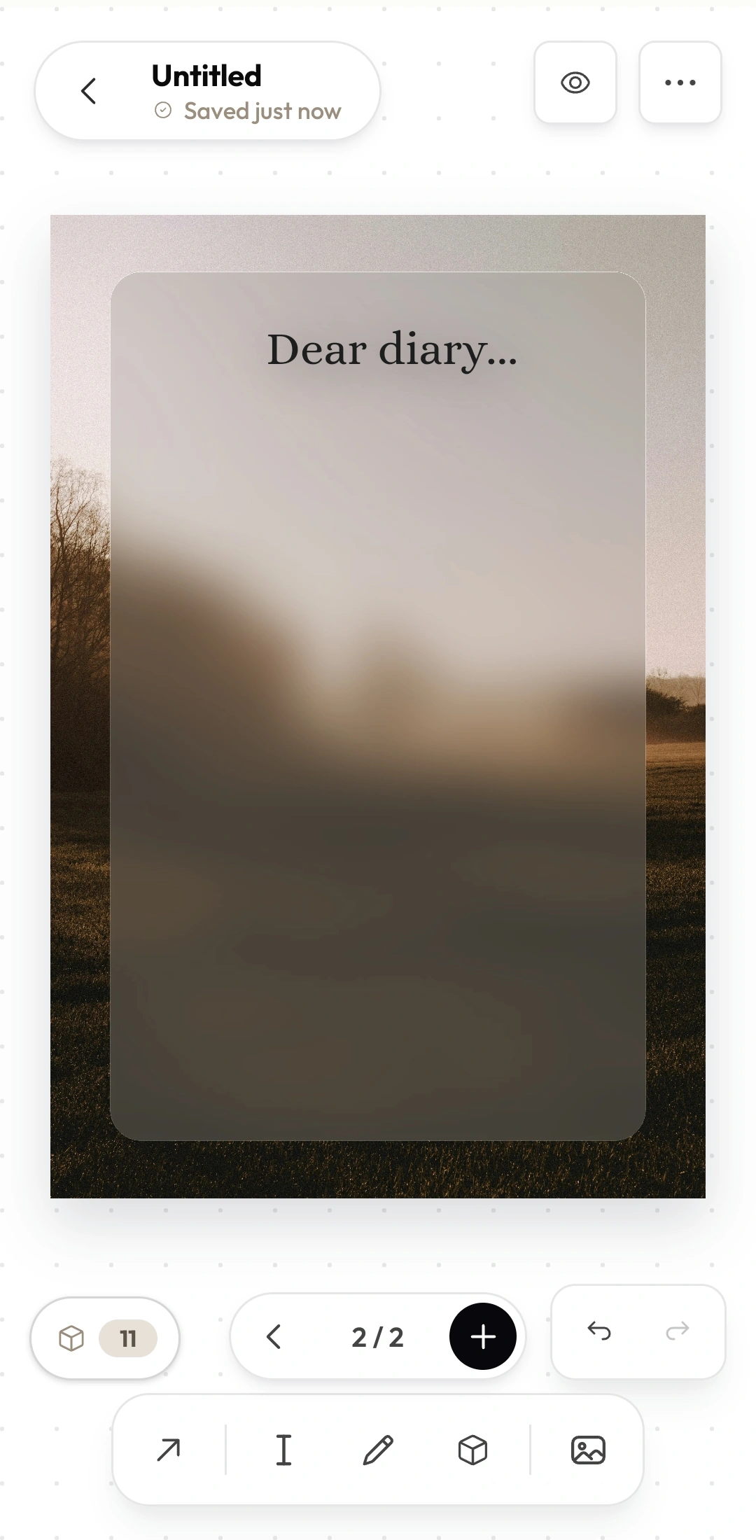 Snipbook on Android: a diary page being edited. A photo of a field at dusk fills the page with the words Dear diary written over it, and a toolbar of shape, text, pen and image tools sits at the bottom.